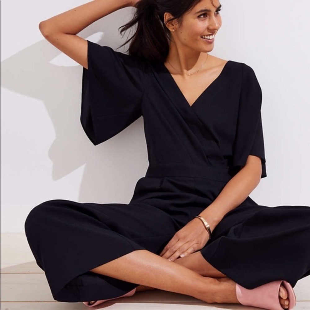 LOFT Black Flare-sleeve Wrap-style Jumpsuit